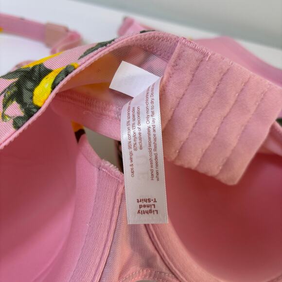Cacique Cotton Boost Plunge Bra Size 40D Pink Leaves Lemon Breathable NWT - Picture 7 of 9